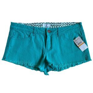 NWT O'Neill Women's Micro Mini Jean Shorts Sz 7 Teal Denim Raw Hem Beach Summer